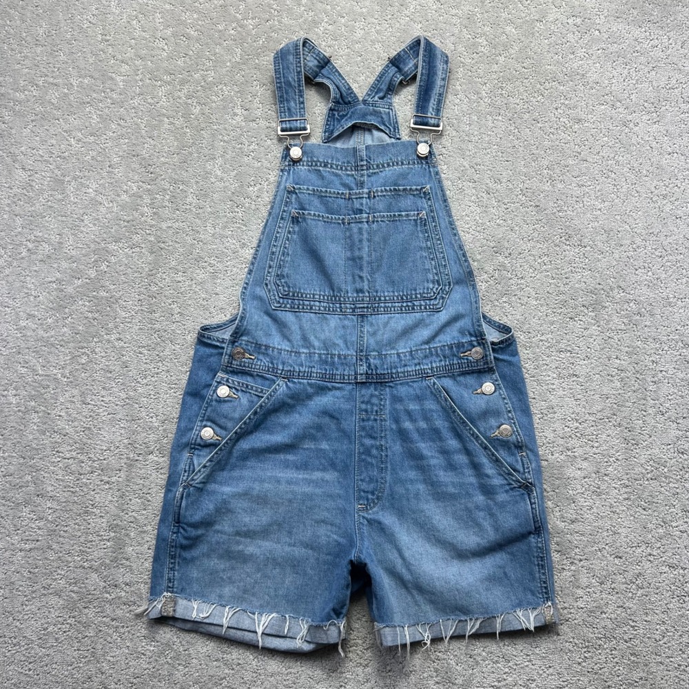 Gap Denim Shortall Womens Small Blue Distressed Raw Hem Overalls Utility Work
